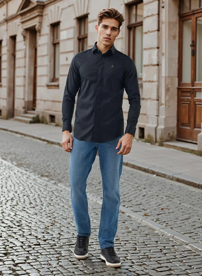 إمبيرور قميص إمبراطور بأكمام طويلة وقصة عادية بتفاصيل شعار