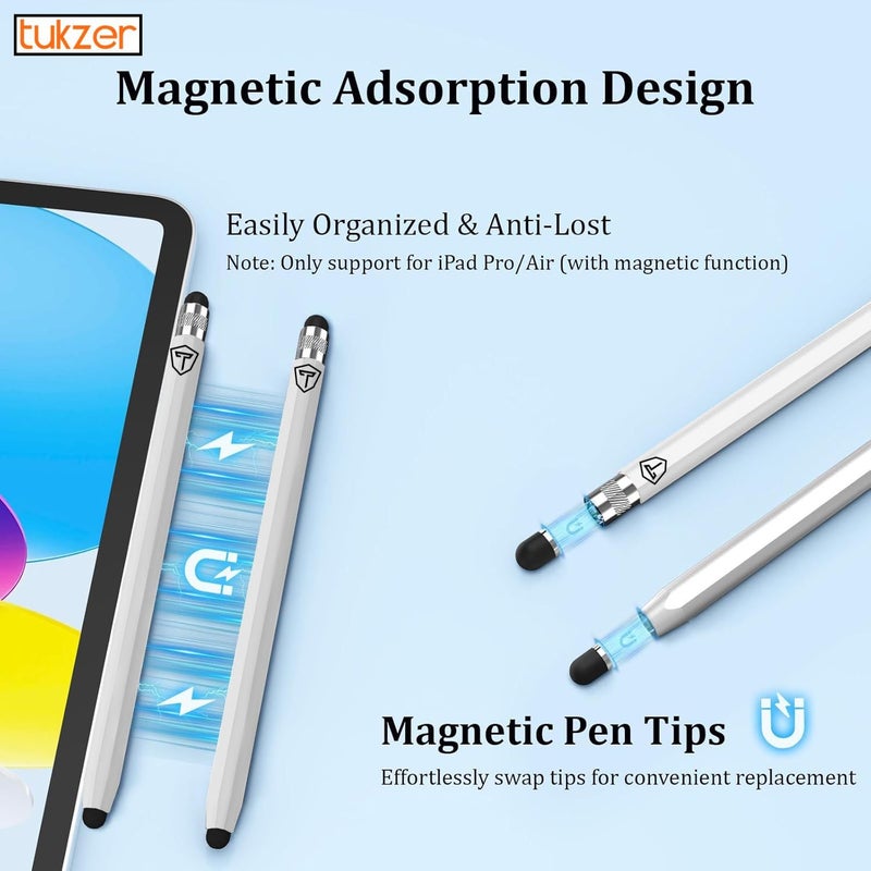 tuKZer 2in1 Tablet Stylus Pen with Soft Rubber Tip,Magnetic Aluminum Body,High Sensitivity & Precision Universal Capacitive Touchscreen Pen for iOS, Android,Smartphone,iPad,Pro,Air,iPhone-Pearl White - Image 3