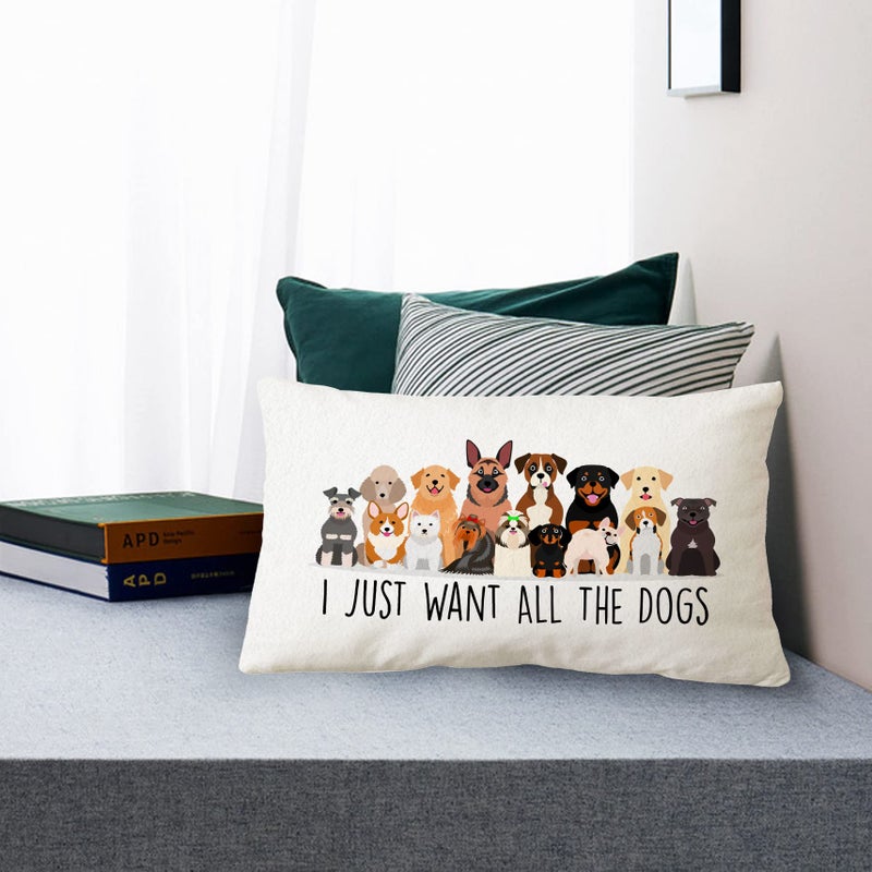 Sidhua Farmhouse Dog Themed Pillowcase Decoration for Home, I Just Want All The Dogs Throw Pillow Cover 12"x20", Dog Lover Mom Owners Gifts - Image 2