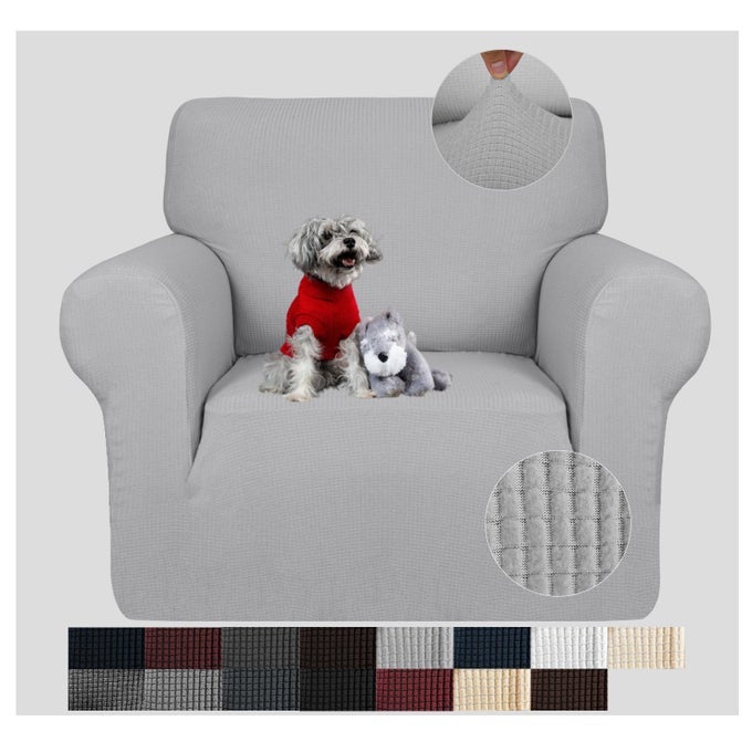 SUPER STRETCH CHAIR SLIPCOVERS WITH ARMS 1PIECE JACQUARD SMALL CHECKS LIVING ROOM ARMCHAIR COVERS SOFT ANTI SLIP SOFA COUCH FURNITURE PROTECTOR FOR KIDS PETS CHAIR LIGHT GRAY AND WHITE