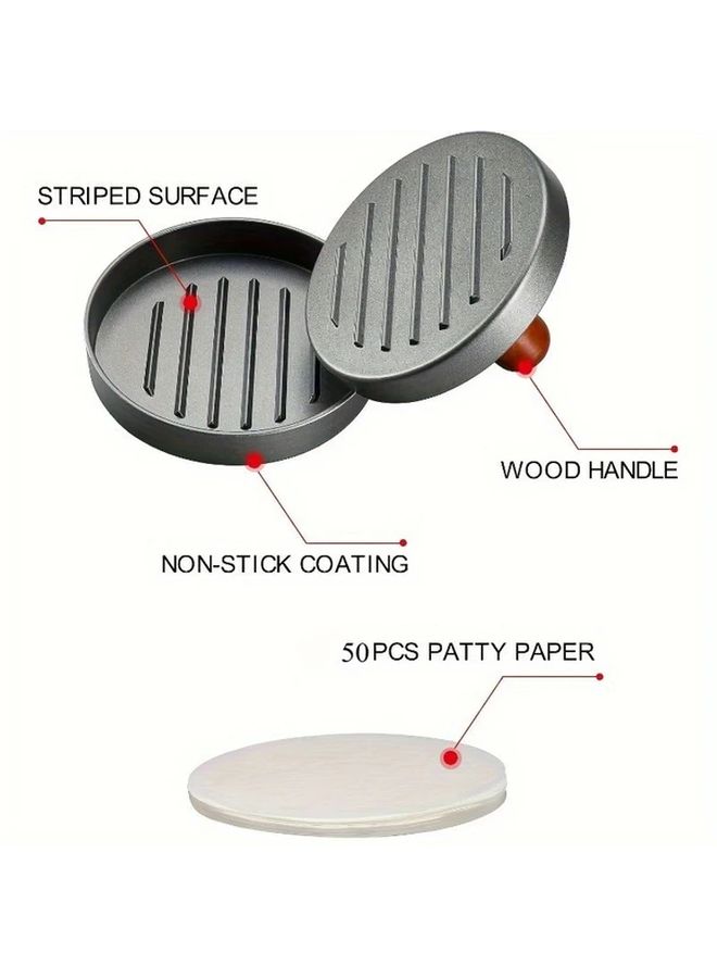 Stainless Steel Burger Press With Wooden Handle And 50 Meat Parchment Sheets - Image 3