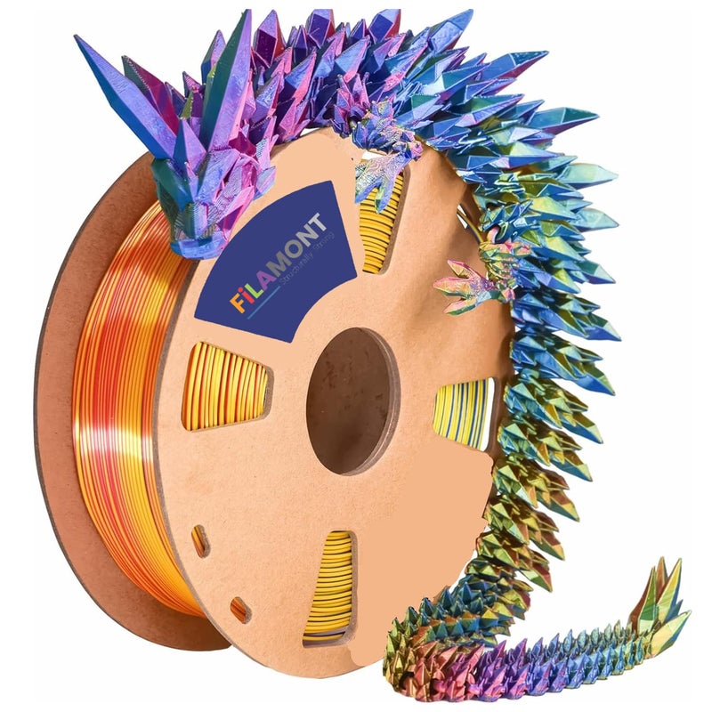 Protomont TECHNOLOGIES خيوط فيلامونت PLA الحريرية 1.75 مم، خيوط طابعة ثلاثية الأبعاد، خيوط حريرية لامعة 1.75 PLA، 1 كجم (2.2 رطل) / بكرة (أحمر ثلاثي أصفر أزرق) - Image 1