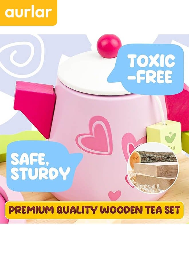 Aurlar 21 PCS Wooden Pink Afternoon Tea Toys Tray Set, Pretend Play Food Kitchen Accessories Educational Toys Gifts For Girls u0026 Boys Aged 36M+ - Image 3