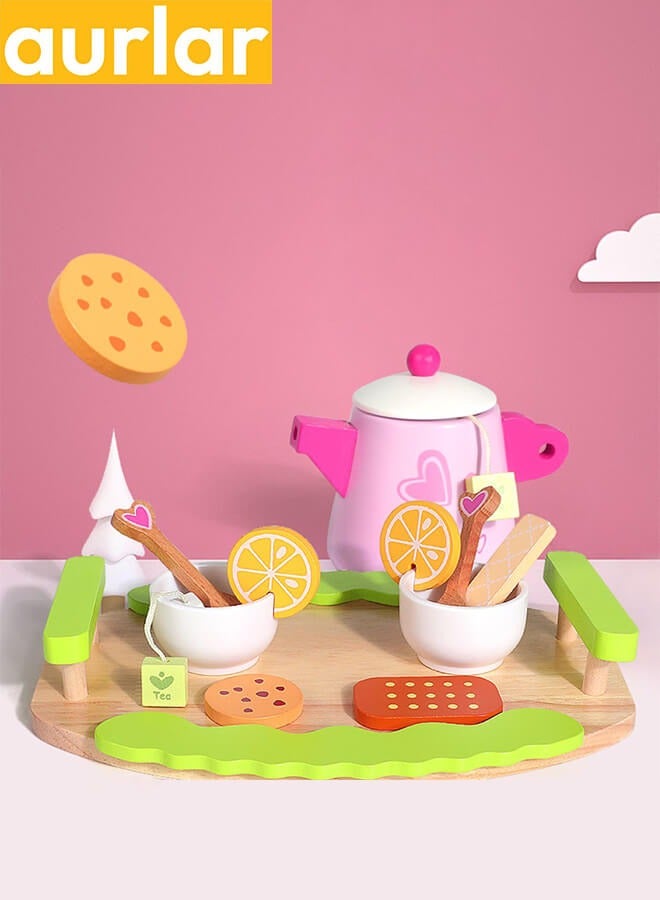 Aurlar 21 PCS Wooden Pink Afternoon Tea Toys Tray Set, Pretend Play Food Kitchen Accessories Educational Toys Gifts For Girls u0026 Boys Aged 36M+ - Image 2