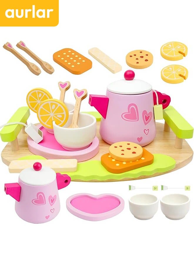 Aurlar 21 PCS Wooden Pink Afternoon Tea Toys Tray Set, Pretend Play Food Kitchen Accessories Educational Toys Gifts For Girls u0026 Boys Aged 36M+ - Image 1
