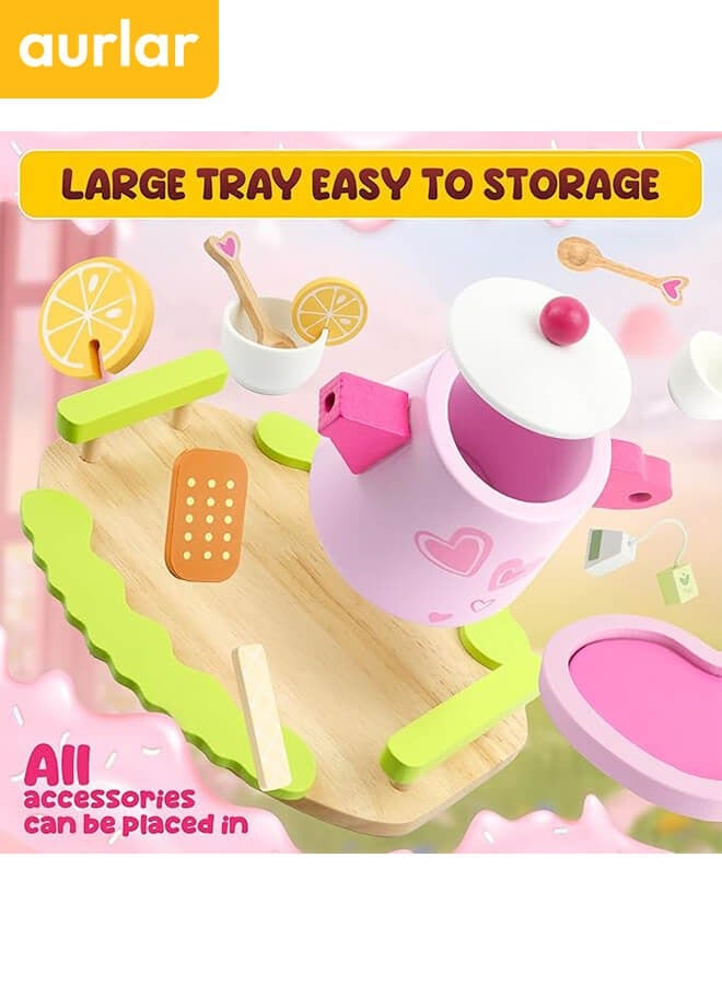 Aurlar 21 PCS Wooden Pink Afternoon Tea Toys Tray Set, Pretend Play Food Kitchen Accessories Educational Toys Gifts For Girls u0026 Boys Aged 36M+ - Image 4