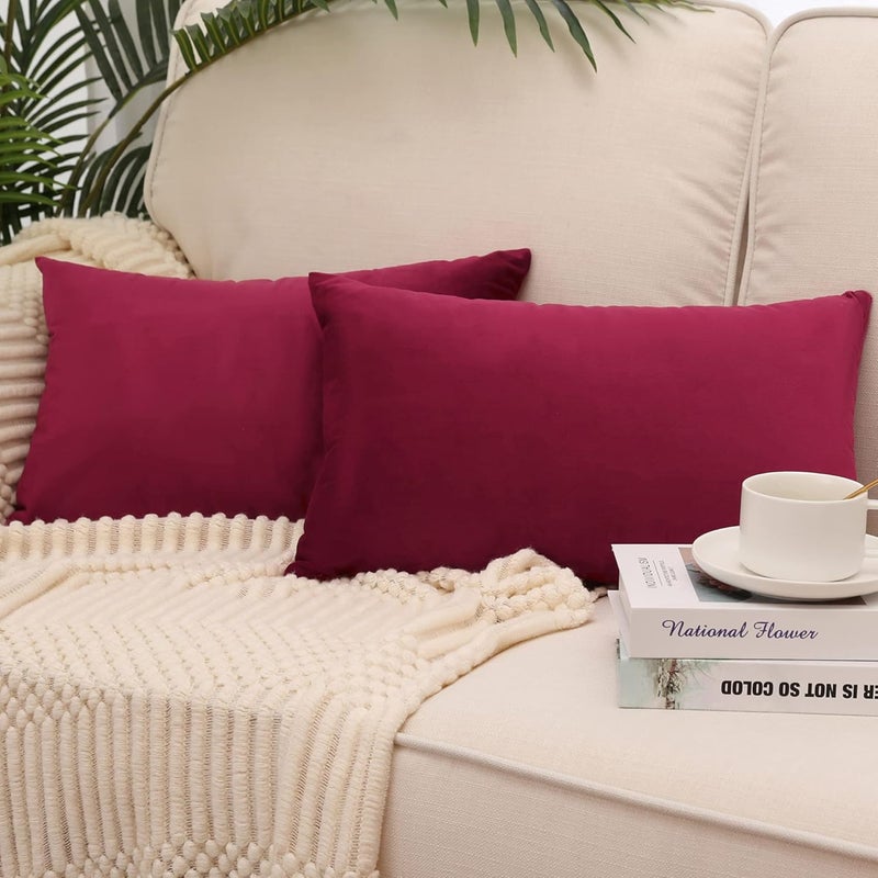 MZPSO Pack of 2, Velvet Super Soft Solid Decorative Square Throw Pillow Covers Set Cushion Case for Sofa Bedroom Car 12 x 20 Inch 30 x 50 cm Wine Red - Image 1