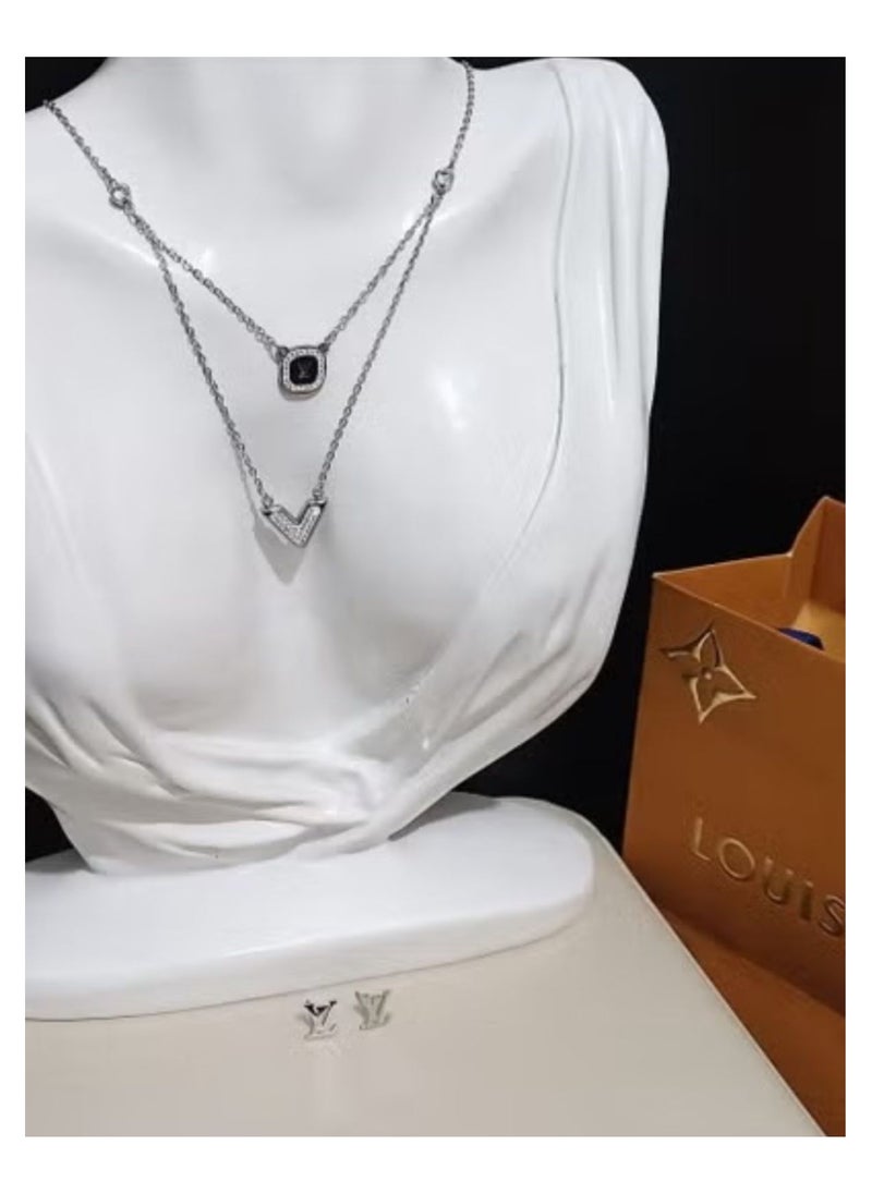 Lo Luxury crystal studded stainless steel necklace and earring set with warranty card 