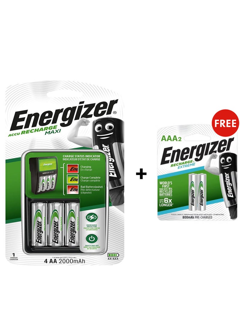 Energizer Maxi charger + 4AA (2000 mAh) Multicolour & Recharge Extreme Batteries AAA2 - 2 BatteriesBundle - Image 1