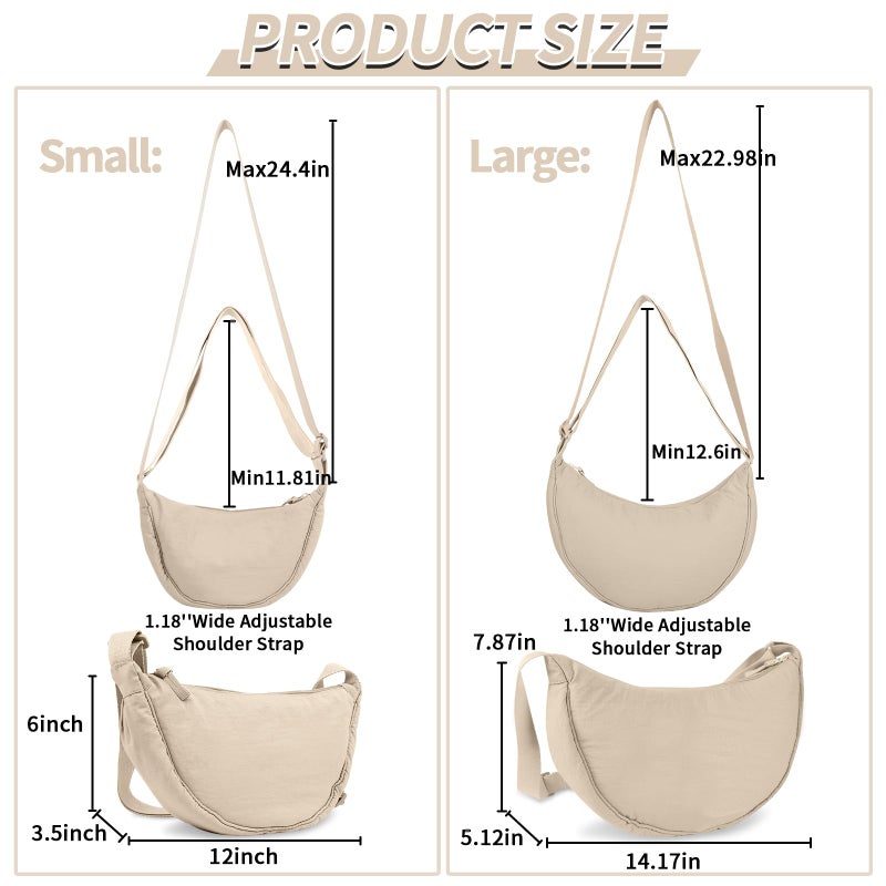 EVGLOW Nylon Crescent Crossbody Bag For Women Purses Trendy Men Large Travel Sling Bag Hobo Lightweight Shoulder Bag With Zipper Adjustable Strap Round Soft Shoulder Pouch Bag For Everyday Use(Large Beige) - Image 2