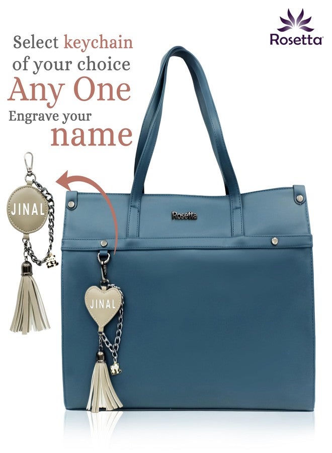 Rosetta Personalized Women's Name Tote Bag | Custom Engraved Name Charm | Premium Vegan Leather Office Handbag | Stylish Shoulder Bag for Work, Travel, Shopping (Blue) - Image 3
