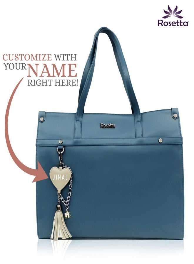 Rosetta Personalized Women's Name Tote Bag | Custom Engraved Name Charm | Premium Vegan Leather Office Handbag | Stylish Shoulder Bag for Work, Travel, Shopping (Blue) - Image 2