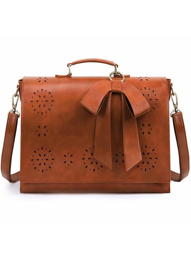 ECOSUSI Women's Briefcase Vegan Leather 15.6 inch Laptop Bag for Work Computer Shoulder Satchel Bag with Detachable Bow, Brown, L-brown, 15.6 inch, Detachable,durable,elegant,vintage - Image 1