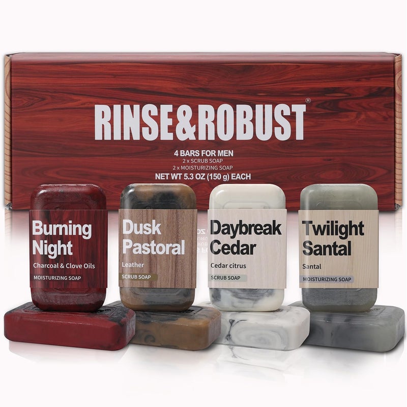 Rinse & Robust Bar Soap for Men - 4Pcs Exfoliating & Moisturizing 4-in-1 Cleansing Bar Set for Face, Body, Hands & Shave | All Skin Types | Luxury Fathers Day Gift Set(4 x 5.3 oz) - Image 1