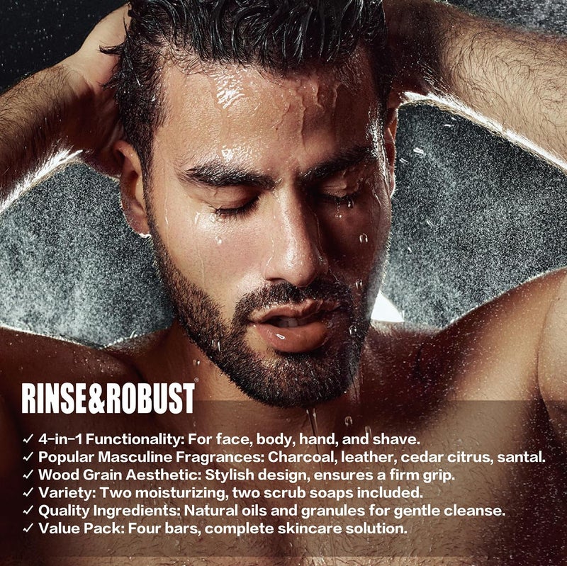 Rinse & Robust Bar Soap for Men - 4Pcs Exfoliating & Moisturizing 4-in-1 Cleansing Bar Set for Face, Body, Hands & Shave | All Skin Types | Luxury Fathers Day Gift Set(4 x 5.3 oz) - Image 5