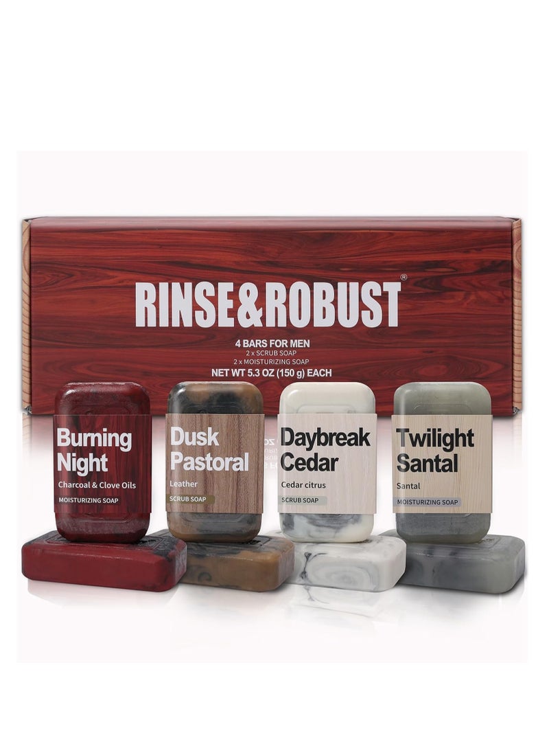 Rinse & Robust - Rinse & Robust Mens Soap 4Pcs Natural Mens Bar Soap Cleansing Soap Bar Set Gift for Men Exfoliating & Moisturizing Luxury Soap FACE BODY HAND SHAVE Soap 4 In 1 All Skin Type |5.3 oz of 4 Bars - Image 1