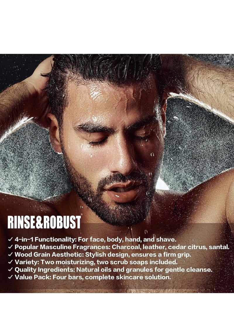 Rinse & Robust - Rinse & Robust Mens Soap 4Pcs Natural Mens Bar Soap Cleansing Soap Bar Set Gift for Men Exfoliating & Moisturizing Luxury Soap FACE BODY HAND SHAVE Soap 4 In 1 All Skin Type |5.3 oz of 4 Bars - Image 1
