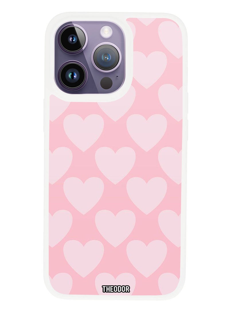Theodor Protective Case Anti Scratch Shock Proof Cover For APPLE IPHONE 14 PRO Pink Hearts (White Bumper) - Image 1