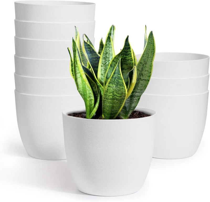 Tim Tim Agro Planters Plastic 10 Inch Set of 5, Plant Flower Pot Modern Decorative Seeding Nursery Pots Outdoor Indoor Garden for All House Plants Flowers Herbs African Violets (White) - Image 1