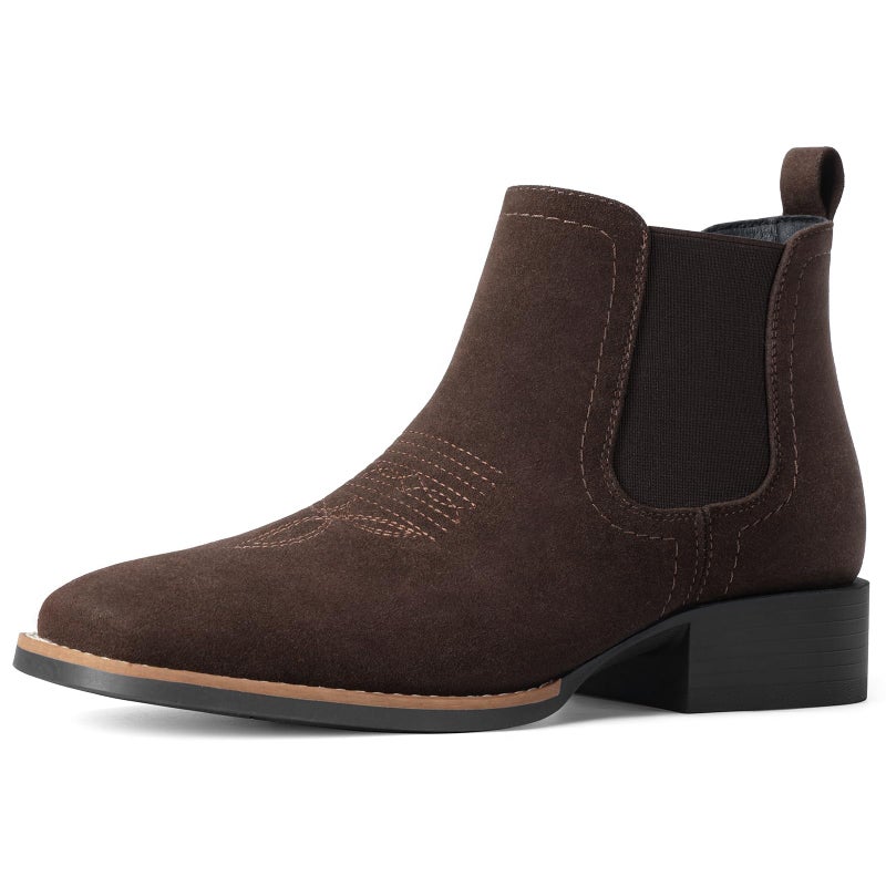 Choiran Western Cowboy Boots for Men - Mens Square Toe Chelsea Boots Ankle Cowboy Boots for Men Casual Retro Stylish Boots Suede Brown - Image 1