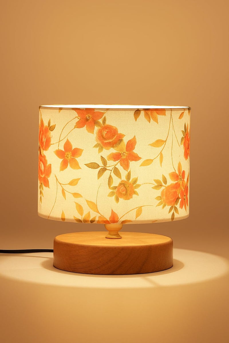 AMDHOME Rustic Floral Print Table Lamp Cotton Shade Table Lamp With Wooden Base - Height 7 Inches, Orange | Warm Ambient Light For Living Room, Bedroom, Home Decor, Study Lampshade,Fluorescent - Image 1