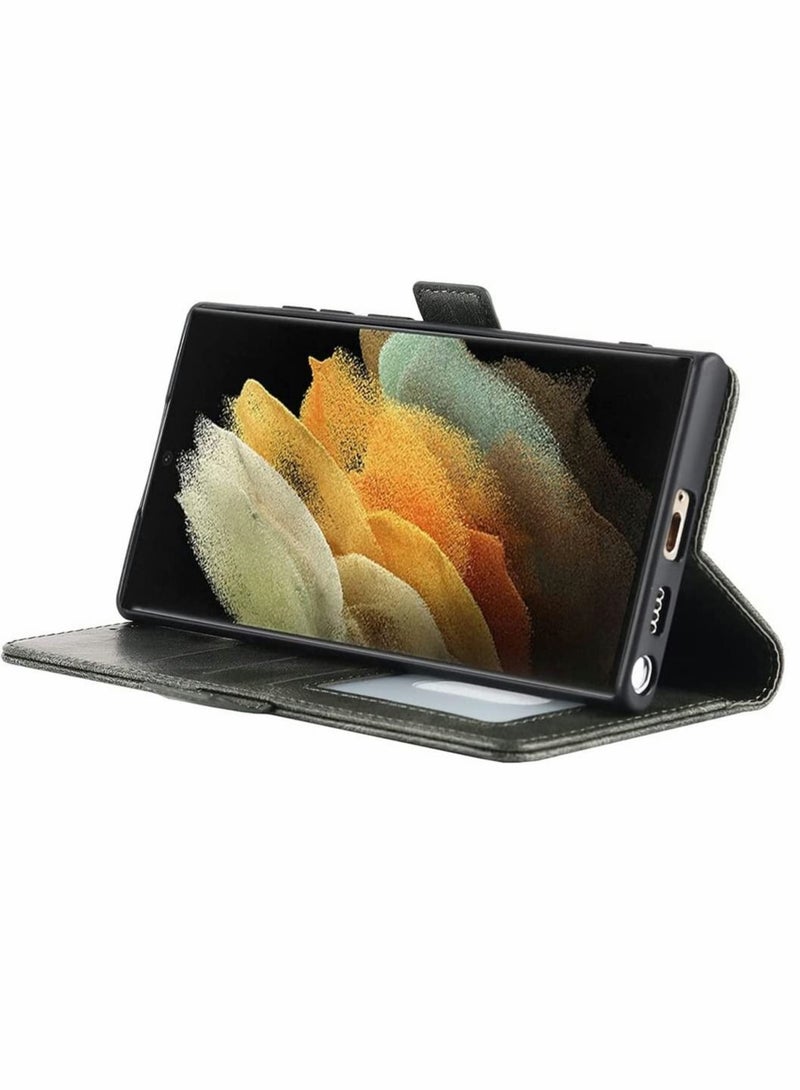 Captaintech Case for Samsung S22 Ultra PU Leather Wallet Flip Cover Protective case with Magnetic Buckle Lightweight and Skin Friendly Compatible Galaxy Gray Green - Image 3