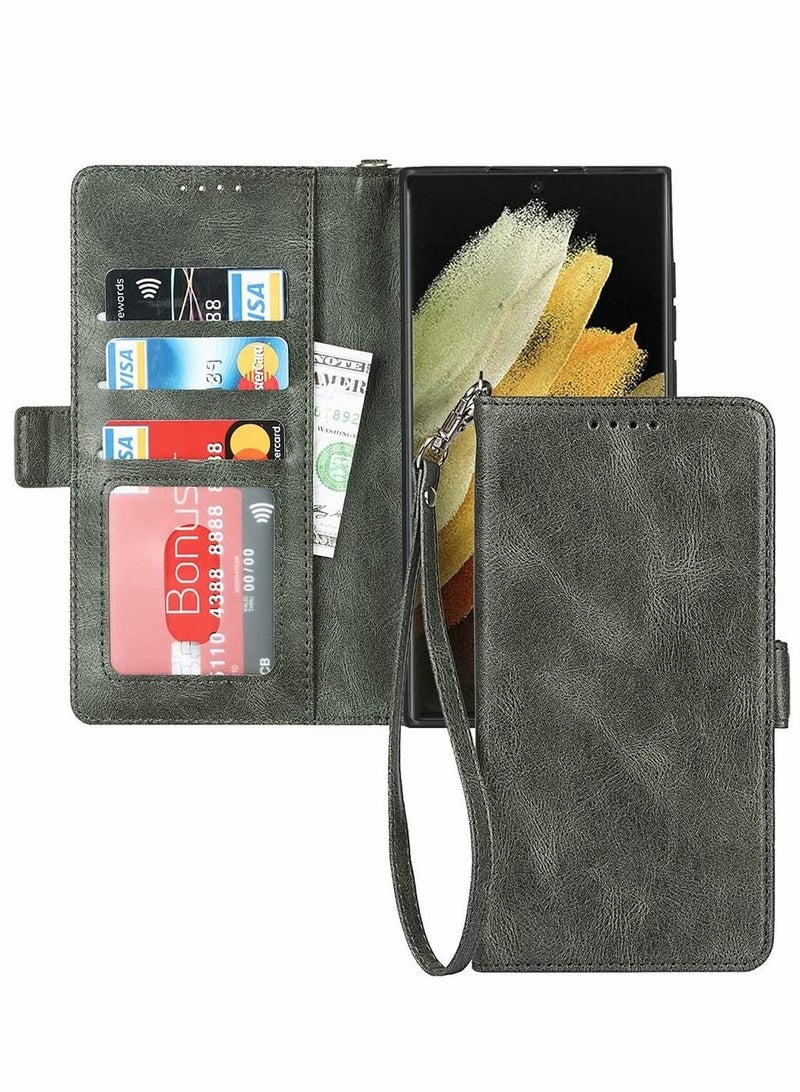 Captaintech Case for Samsung S22 Ultra PU Leather Wallet Flip Cover Protective case with Magnetic Buckle Lightweight and Skin Friendly Compatible Galaxy Gray Green - Image 4