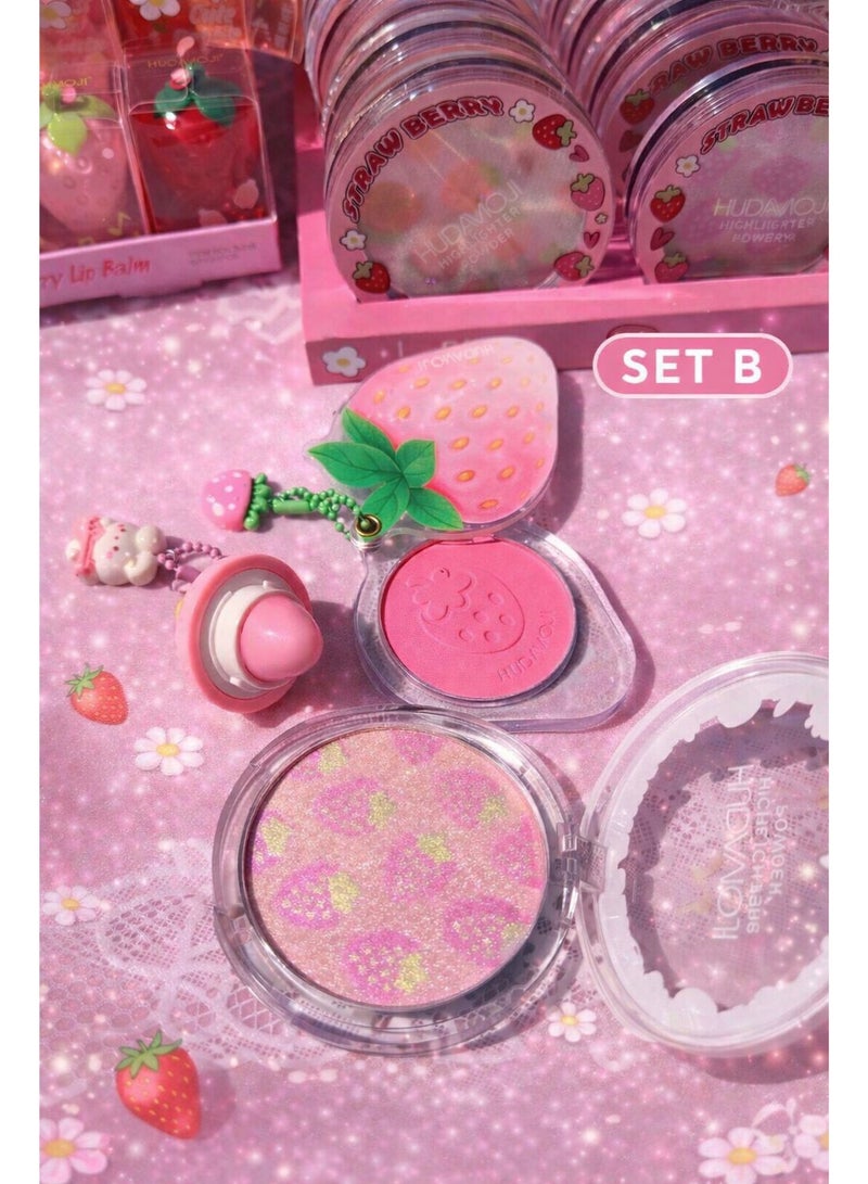 Hudaviojl طقم مكياج فراولة 3 في 1 بلاشر هايلايتر ليب بالم – تصميم كيوت - Image 1