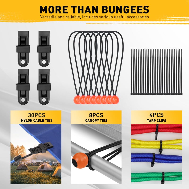 ELEAD 33 Piece Premium Bungee Cords Assortment Jar, Includes 10", 18", 24", 32", 40" Bungee Cord with Hooks, 6" Nylon Cable Ties, 8" Canopy Tarp Ball Ties and Tarp Clips - Image 5