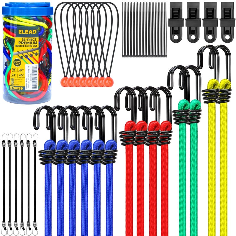 ELEAD 33 Piece Premium Bungee Cords Assortment Jar, Includes 10", 18", 24", 32", 40" Bungee Cord with Hooks, 6" Nylon Cable Ties, 8" Canopy Tarp Ball Ties and Tarp Clips - Image 1
