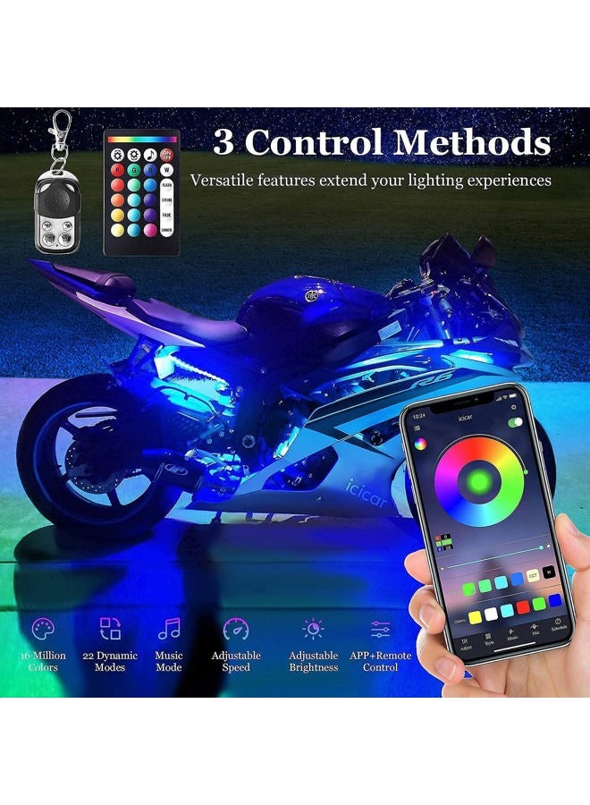 icicar 8PCS Motorcycle LED Underglow Kit, Motorcycle Lights App Control Music Sync RGB LED Motorcycle Lights Brake Light Waterproof Dual Remote Motorcycle Underglow LED Light Kit for UTV ATV Golf Cart - Image 2