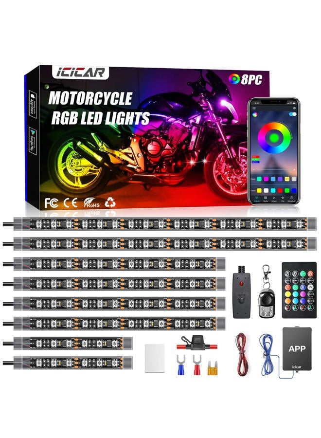icicar 8PCS Motorcycle LED Underglow Kit, Motorcycle Lights App Control Music Sync RGB LED Motorcycle Lights Brake Light Waterproof Dual Remote Motorcycle Underglow LED Light Kit for UTV ATV Golf Cart - Image 1