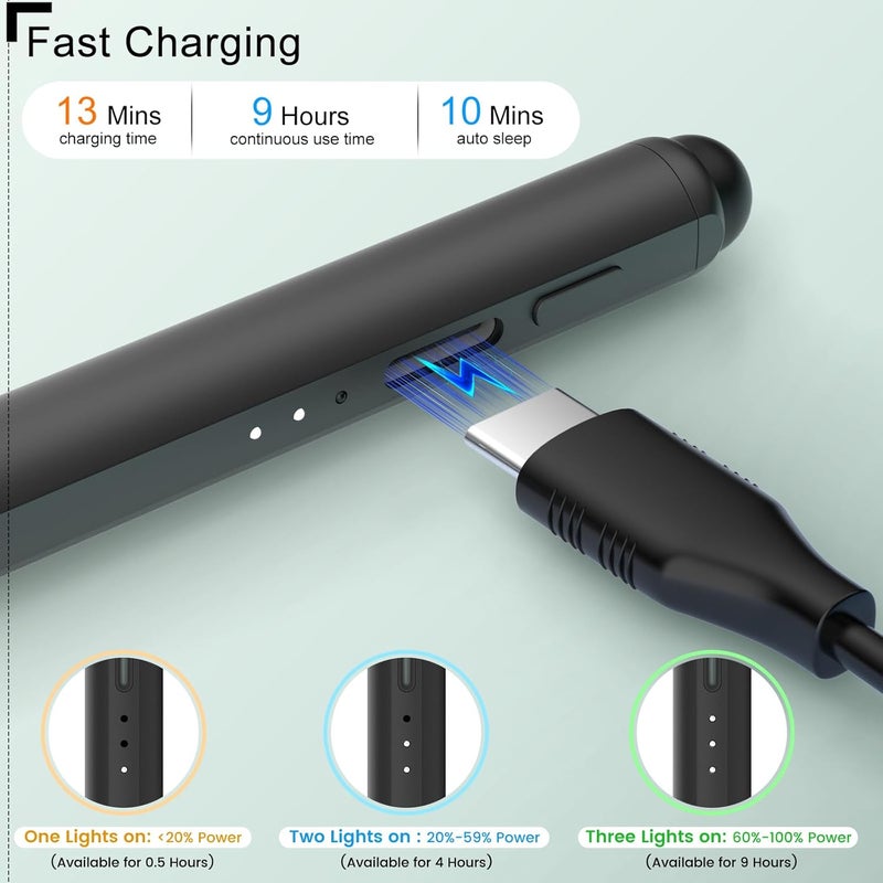 DIGIROOT ترقية قلم آيباد لأبل، قلم ستايلس 2IN1 بشحن سريع 3X لآيباد مع رفض راحة اليد، حساس للإمالة يعمل مع آيباد برو 12.9"/11" M4، آيباد 6-10، آيباد إير 3-5 M2، آيباد ميني 5/6، أسود - Image 3