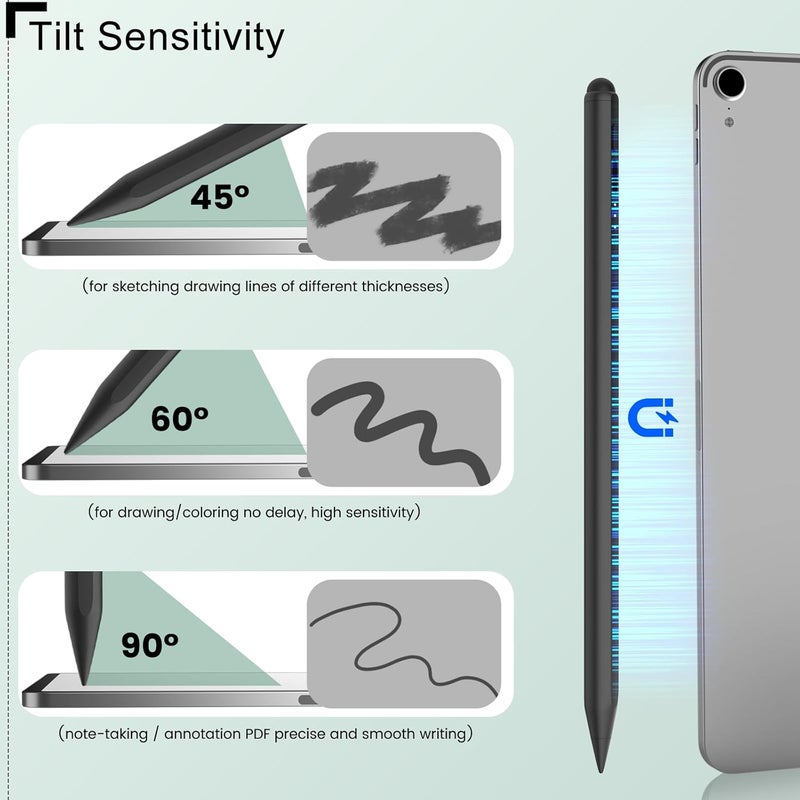 DIGIROOT ترقية قلم آيباد لأبل، قلم ستايلس 2IN1 بشحن سريع 3X لآيباد مع رفض راحة اليد، حساس للإمالة يعمل مع آيباد برو 12.9"/11" M4، آيباد 6-10، آيباد إير 3-5 M2، آيباد ميني 5/6، أسود - Image 5