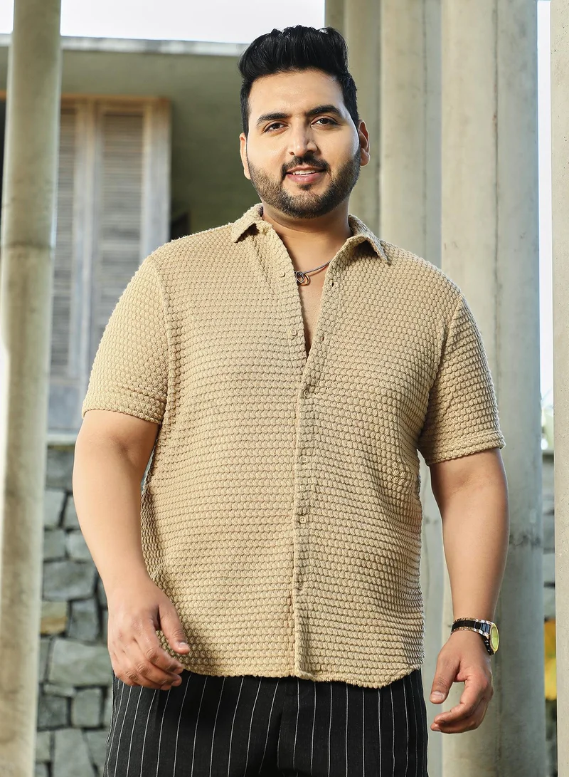 Instafab Plus Instafab Plus Men's Buff Beige Oval-Tactile Knit Shirt For Casual Wear | Spread Collar | Short Regular Sleeves | Button Closure | Plus Size Shirt Crafted With Comfort Fit For Everyday Wear