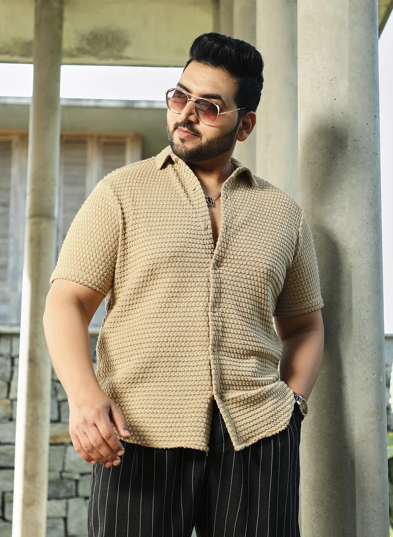 Instafab Plus Instafab Plus Men's Buff Beige Oval-Tactile Knit Shirt For Casual Wear | Spread Collar | Short Regular Sleeves | Button Closure | Plus Size Shirt Crafted With Comfort Fit For Everyday Wear