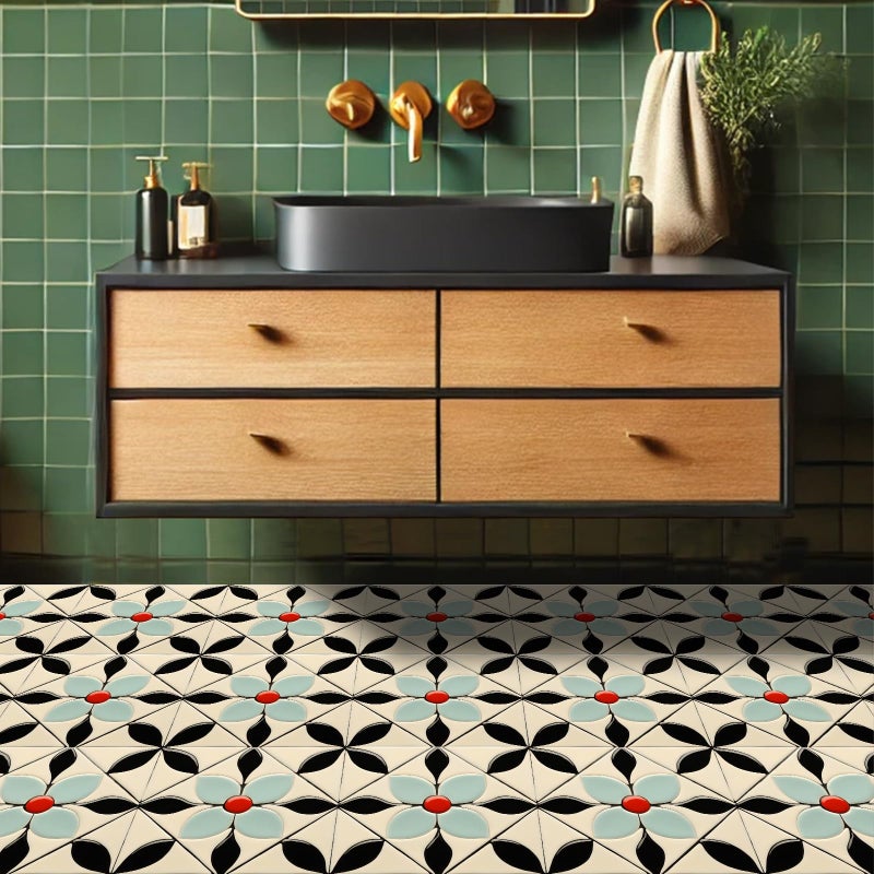 HOMETITUTE بلاط أرضيات ريترو مزخرف بالأزهار الحمراء والبتلات الزرقاء 10 قطع 12x12 بوصة قابل للإزالة ذاتي اللصق للتزيين المنزلي، مناسب للمطبخ والحمام وغرفة المعيشة ومدخل المنزل - Image 5
