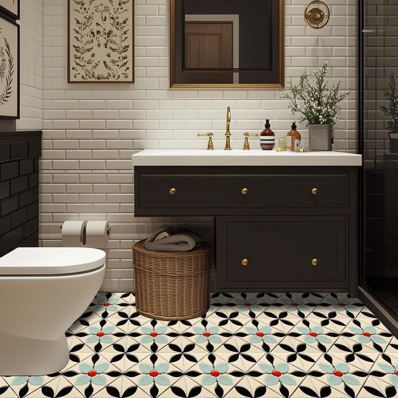HOMETITUTE بلاط أرضيات ريترو مزخرف بالأزهار الحمراء والبتلات الزرقاء 10 قطع 12x12 بوصة قابل للإزالة ذاتي اللصق للتزيين المنزلي، مناسب للمطبخ والحمام وغرفة المعيشة ومدخل المنزل - Image 4