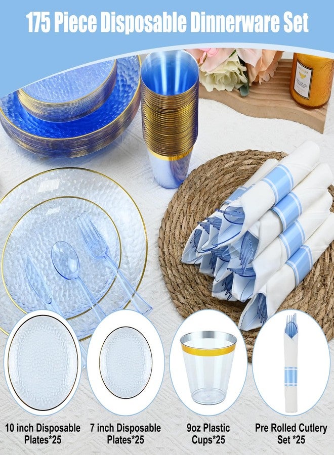 pyntop 175pcs Blue Hammered Plastic Dinnerware Set for 25 Guests - Disposable Plastic Plates with Gold Rim, Heavy Duty 9oz Cups Pre-Rolled Napkins with Cutlery Ideal for Party - Image 3