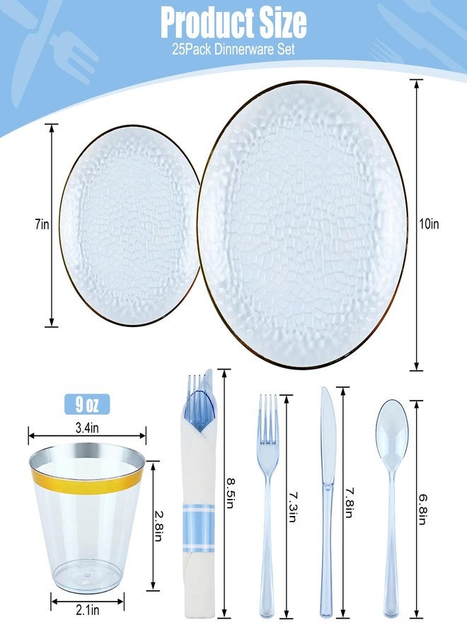 pyntop 175pcs Blue Hammered Plastic Dinnerware Set for 25 Guests - Disposable Plastic Plates with Gold Rim, Heavy Duty 9oz Cups Pre-Rolled Napkins with Cutlery Ideal for Party - Image 2