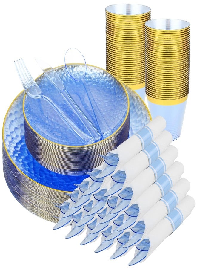 pyntop 175pcs Blue Hammered Plastic Dinnerware Set for 25 Guests - Disposable Plastic Plates with Gold Rim, Heavy Duty 9oz Cups Pre-Rolled Napkins with Cutlery Ideal for Party - Image 1