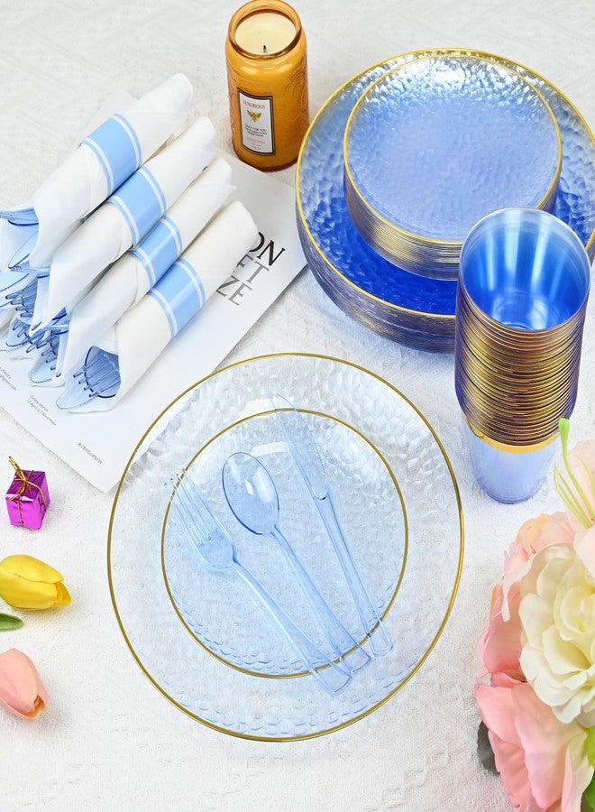 pyntop 175pcs Blue Hammered Plastic Dinnerware Set for 25 Guests - Disposable Plastic Plates with Gold Rim, Heavy Duty 9oz Cups Pre-Rolled Napkins with Cutlery Ideal for Party - Image 5