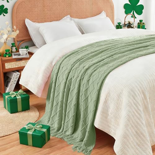 inhand Basil Green Knitted Throw Blanket for Couch and Bed St Patricks Day Lucky Spring Gifts Throw for Her or Him Soft Farmhouse Woven Blanket with Tassel Lightweight Decorative 60x80 - Image 3