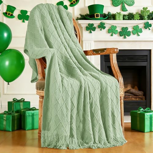 inhand Basil Green Knitted Throw Blanket for Couch and Bed St Patricks Day Lucky Spring Gifts Throw for Her or Him Soft Farmhouse Woven Blanket with Tassel Lightweight Decorative 60x80 - Image 1