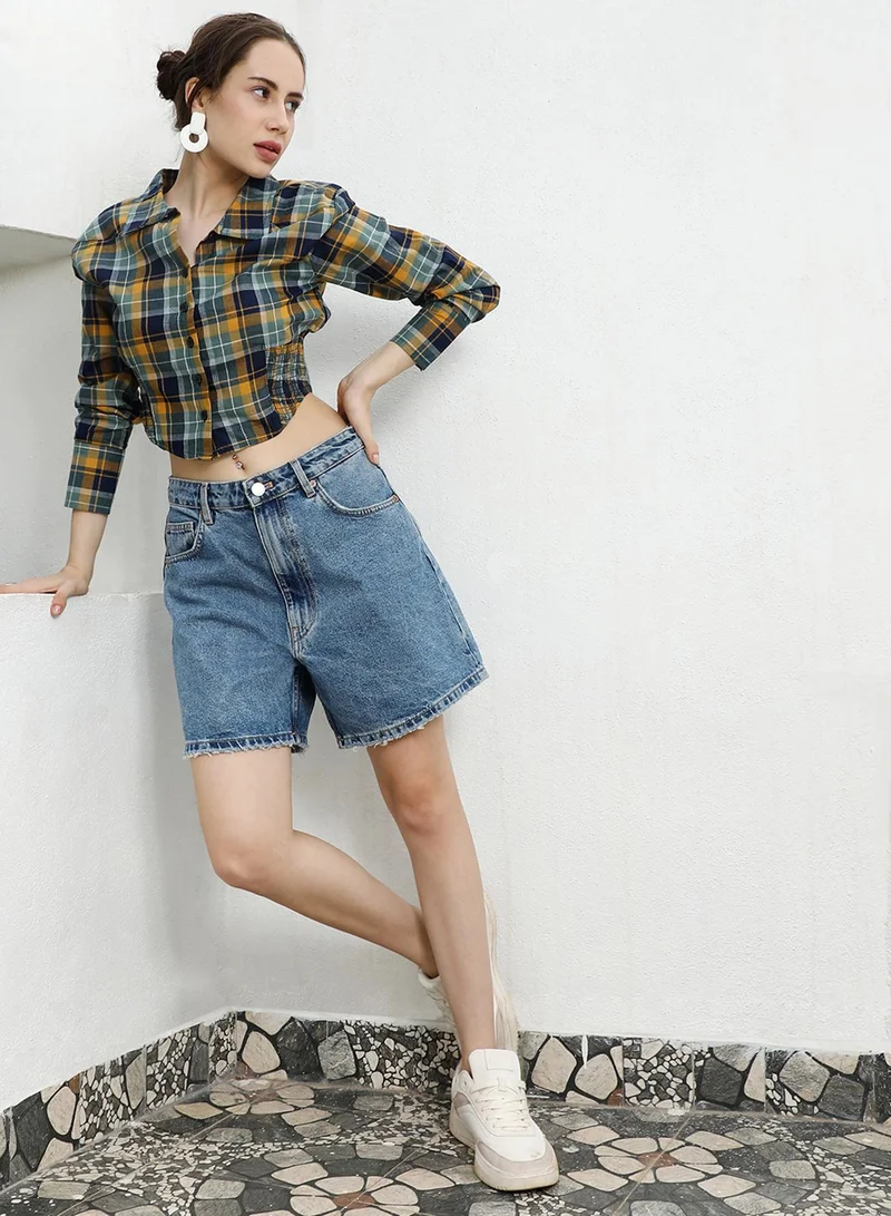 Women's Multicolour Tartan Plaid Cinched Cropped Shirt