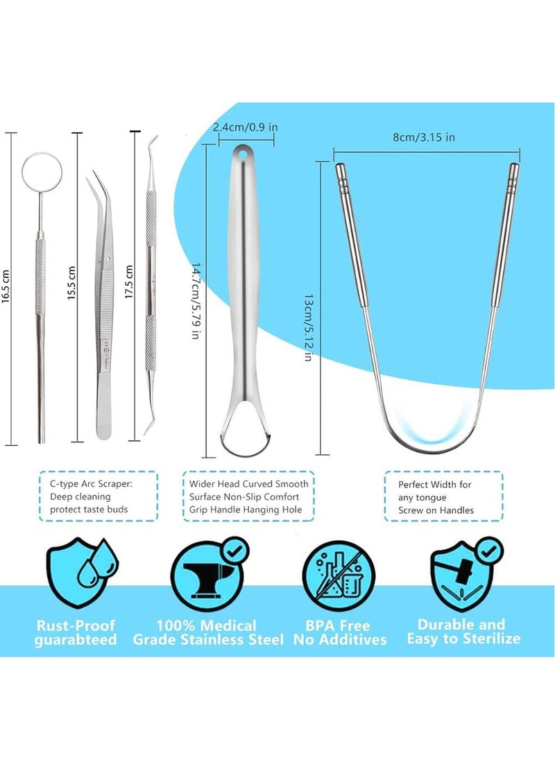 MileMelo Dental Oral Tools - Plaque Remover for Teeth - Professional Dental Hygiene Cleaning Kit 5-Pcs Tongue Coating Cleaning Tool, Oral Tool Set Red/Silver  - Image 2