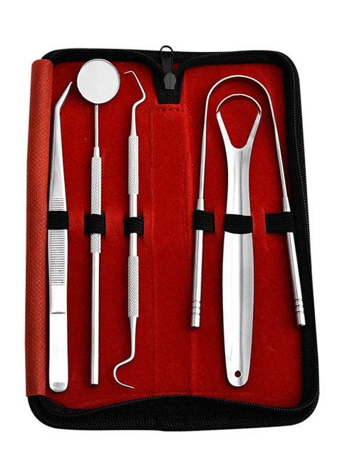 Dental Oral Tools - Plaque Remover for Teeth - Professional Dental Hygiene Cleaning Kit 5-Pcs Tongue Coating Cleaning Tool, Oral Tool Set Red/Silver