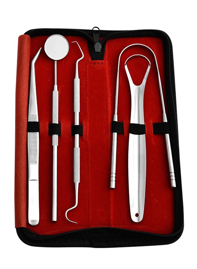 MileMelo Dental Oral Tools - Plaque Remover for Teeth - Professional Dental Hygiene Cleaning Kit 5-Pcs Tongue Coating Cleaning Tool, Oral Tool Set Red/Silver  - Image 1