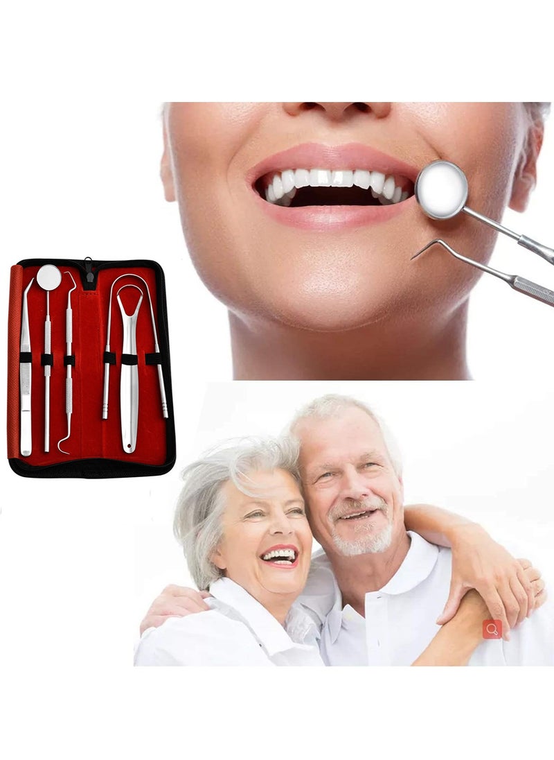 MileMelo Dental Oral Tools - Plaque Remover for Teeth - Professional Dental Hygiene Cleaning Kit 5-Pcs Tongue Coating Cleaning Tool, Oral Tool Set Red/Silver  - Image 3