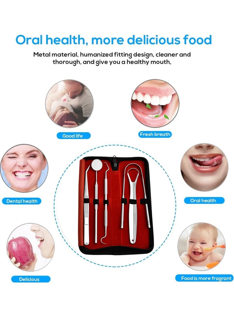 MileMelo - Dental Oral Tools - Plaque Remover for Teeth - Professional Dental Hygiene Cleaning Kit 5-Pcs Tongue Coating Cleaning Tool, Oral Tool Set Red/Silver - Image 1